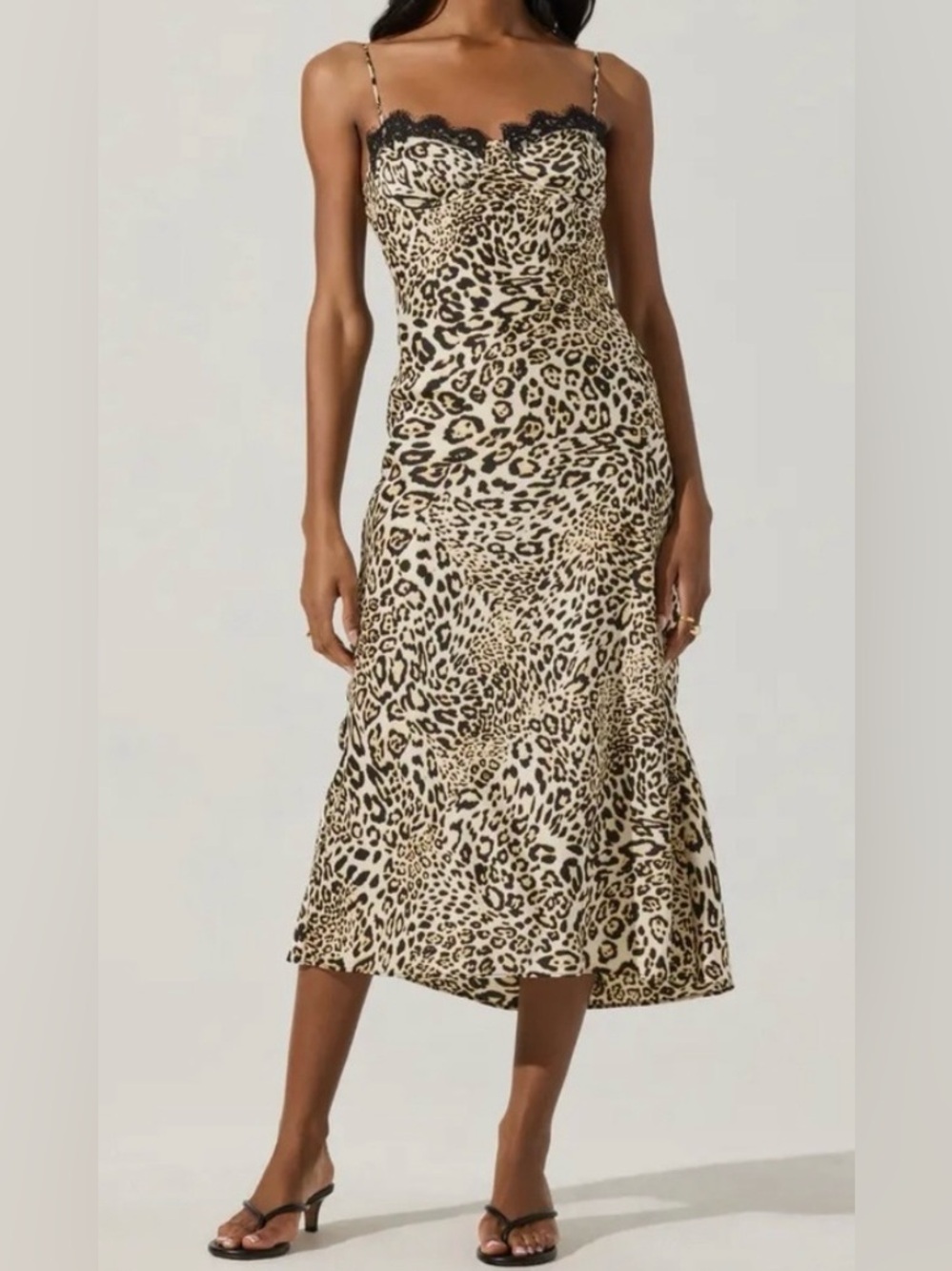 NEW ASTR The Label Animal Leopard Print Midi Satin Slip Dress Sz L Lace Trim